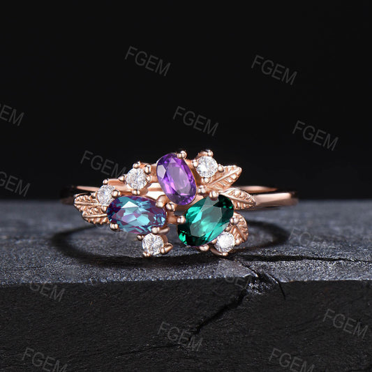 Multi Color Gemstone Ring Vintage Alexandrite Amethyst Emerald Cluster Ring Moissanite Leaves Wedding Ring Multi Birthstone Ring Women Gift