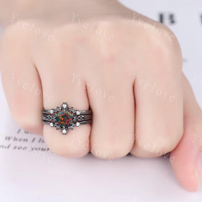 Hexagon Shaped Black Fire Opal Engagement Ring Set Black Silver Band Vintage Opal Wedding Ring Enhancer Band Art Deco Bridal Set For Women
