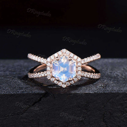 Hexagon Natural Moonstone Halo Engagement Ring Split Moissanite Ring Unique Half Eternity Moonstone Wedding Ring Art Pave Ring Gifts For Her