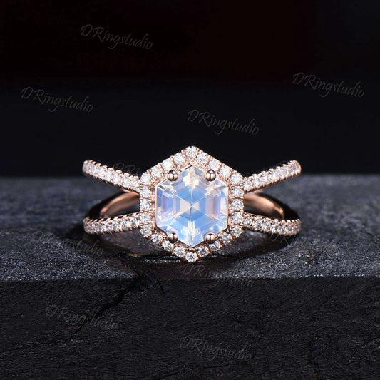 Hexagon Natural Moonstone Halo Engagement Ring Split Moissanite Ring Unique Half Eternity Moonstone Wedding Ring Art Pave Ring Gifts For Her