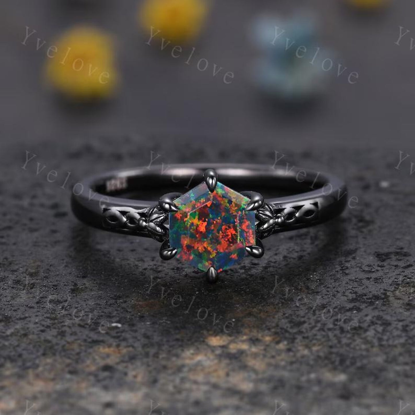 Hexagon Shaped Black Fire Opal Engagement Ring Set Black Silver Band Vintage Opal Wedding Ring Enhancer Band Art Deco Bridal Set For Women