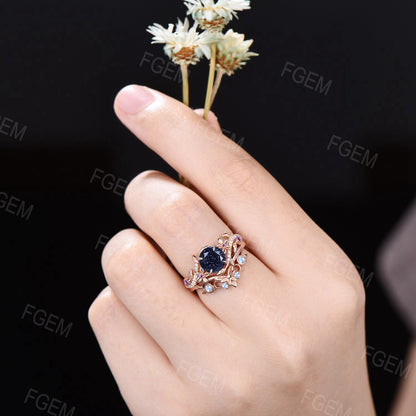 Nature Inspired Round Galaxy Blue Sandstone Amethyst Engagement Ring Set Floral Leaf Vine Moonstone Bridal Set Triple Moon Wedding Ring Gift