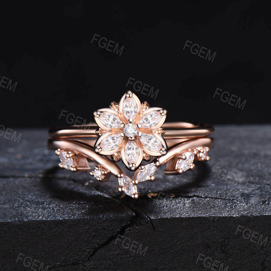 Floral Moissanite Engagement Ring Unique Marquise Moissanite Bridal Set Cluster Ring April Birthstone Proposal Gift for Women