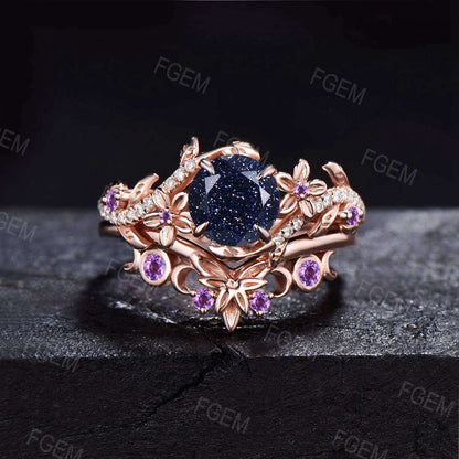 Nature Inspired Round Galaxy Blue Sandstone Amethyst Engagement Ring Set Floral Leaf Vine Moonstone Bridal Set Triple Moon Wedding Ring Gift