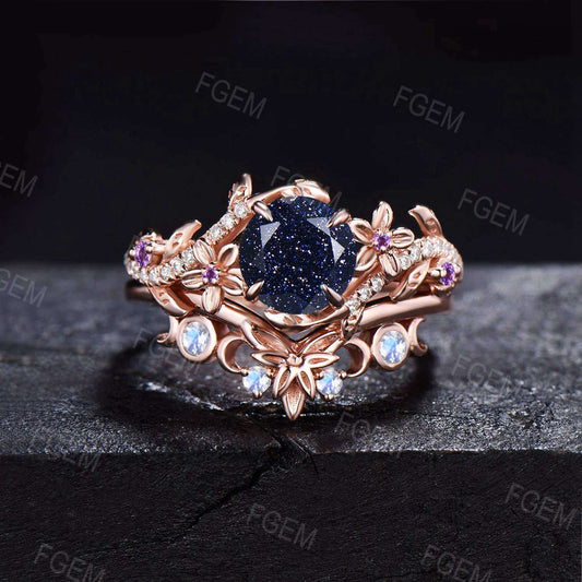 Nature Inspired Round Galaxy Blue Sandstone Amethyst Engagement Ring Set Floral Leaf Vine Moonstone Bridal Set Triple Moon Wedding Ring Gift