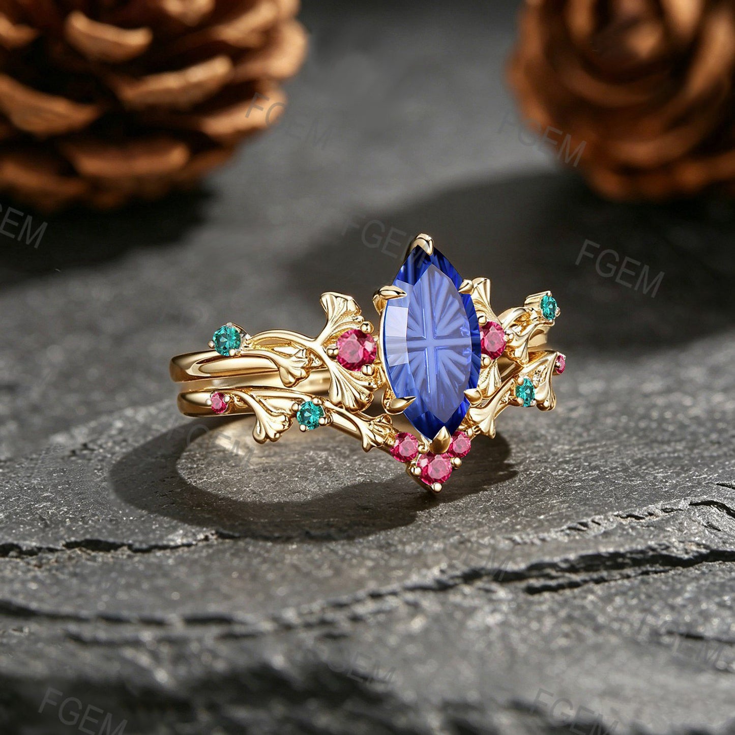 1CT Marquise Fantasy Cut Blue Sapphire Engagement Ring Set Ginkgo Leaf Promise Ring Ruby Emerald Accent Wedding Band