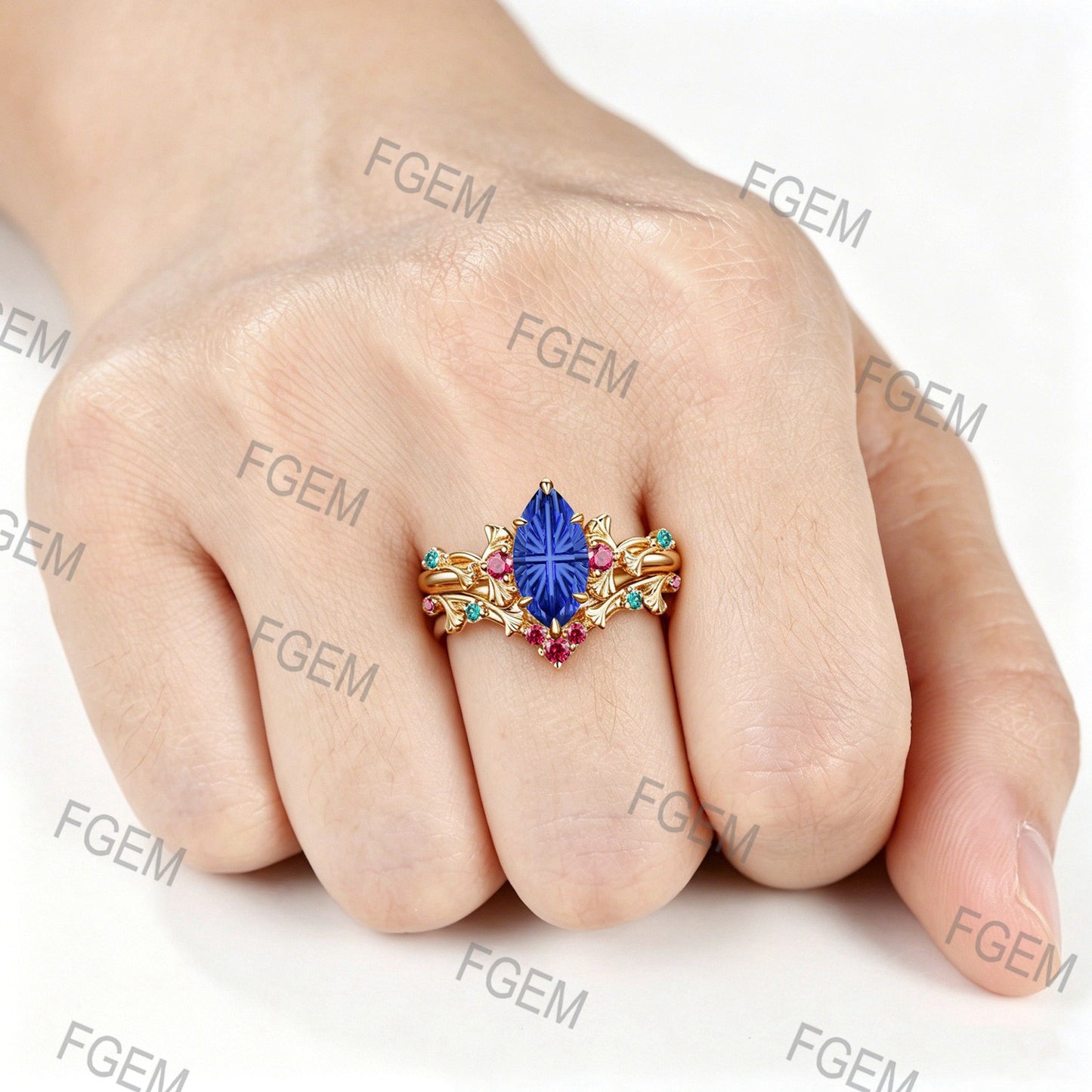 1CT Marquise Fantasy Cut Blue Sapphire Engagement Ring Set Ginkgo Leaf Promise Ring Ruby Emerald Accent Wedding Band