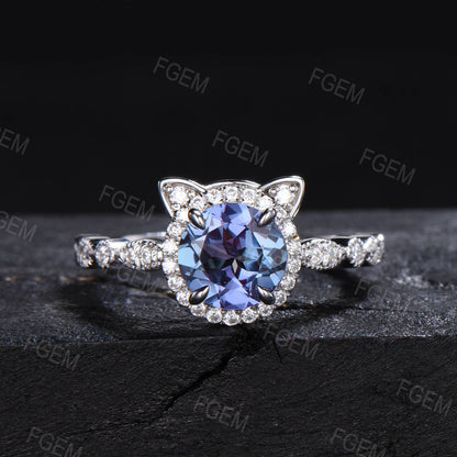 Cat Shaped Round Alexandrite Engagement Ring Kitten Alexandrite Moissanite Halo Wedding Ring Art Milgrain Ring Gold Cat ring Promise Gifts