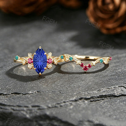 1CT Marquise Fantasy Cut Blue Sapphire Engagement Ring Set Ginkgo Leaf Promise Ring Ruby Emerald Accent Wedding Band