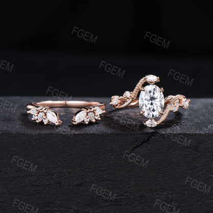 Gold Snake Oval Moissanite Ring Set Nature Inspired Branch Leaf Moissanite Bridal Set Dainty Snake Engagement Ring Serpent Ring Promise Gift