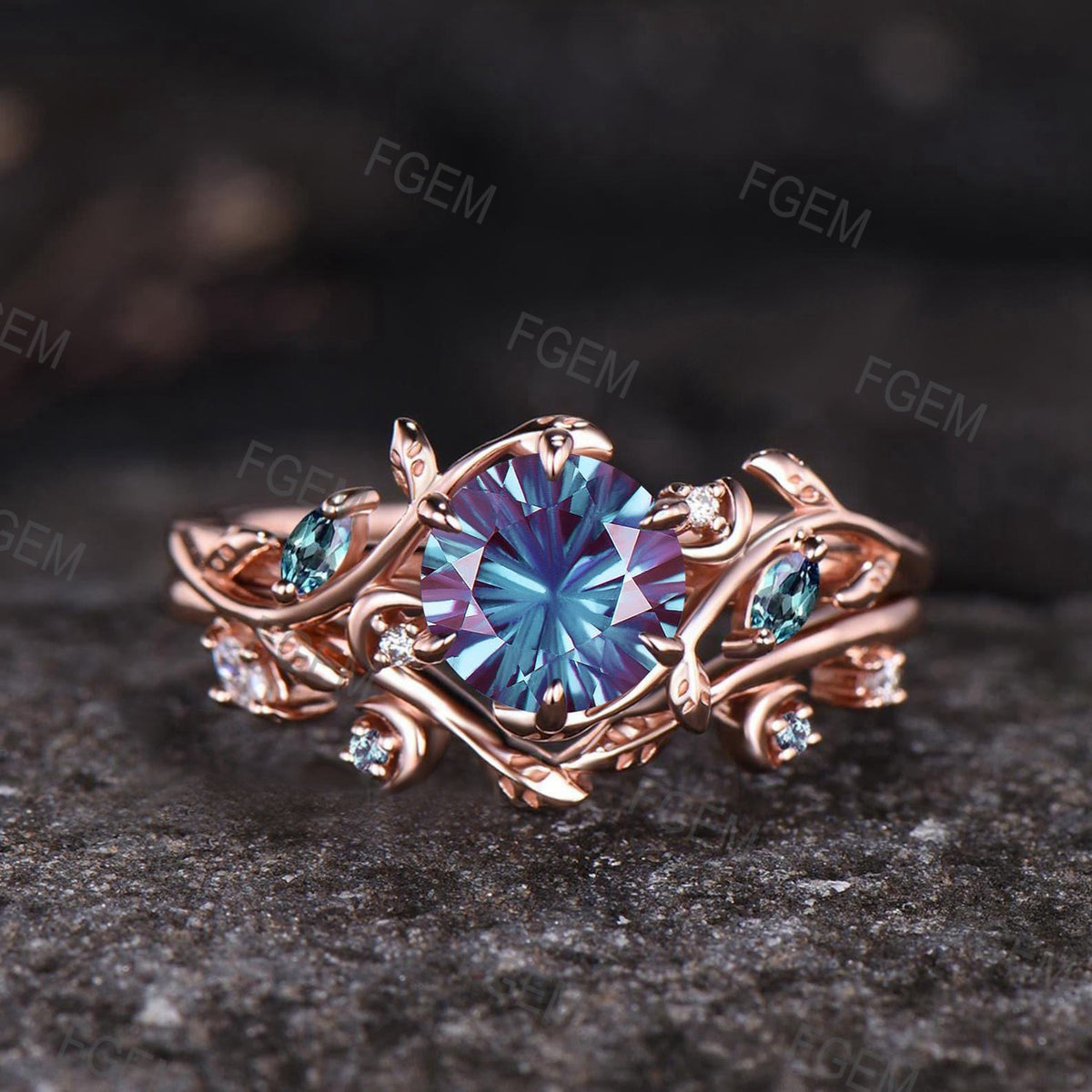 Round Fireworks Cut Alexandrite Engagement Ring Set Unique Leaf Nature Inspired Moon Ring 14k White Gold 2pcs Bridal Ring Set Art Deco Ring