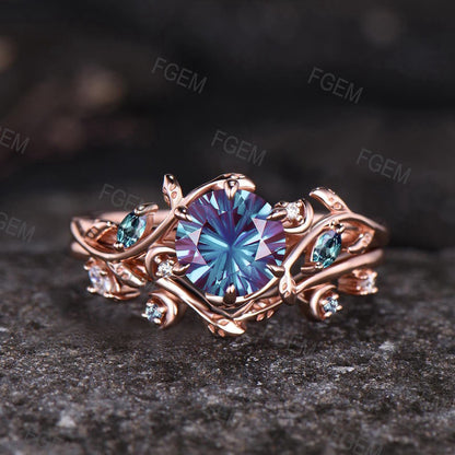 Round Fireworks Cut Alexandrite Engagement Ring Set Unique Leaf Nature Inspired Moon Ring 14k White Gold 2pcs Bridal Ring Set Art Deco Ring