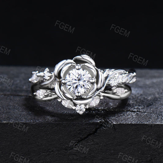 Rose Flower Moissanite Engagement Ring Set 5mm Round Moissanite Bridal Set Silver Floral Ring Nature Inspired Entangled Vine Ring Women Gift