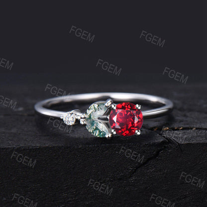 Unique Moss Agate Ruby Engagement Ring Dainty Round Red Ruby Ring Marquise Moss Ring July Birthstone Minimalist Wedding Ring Birthday Gifts