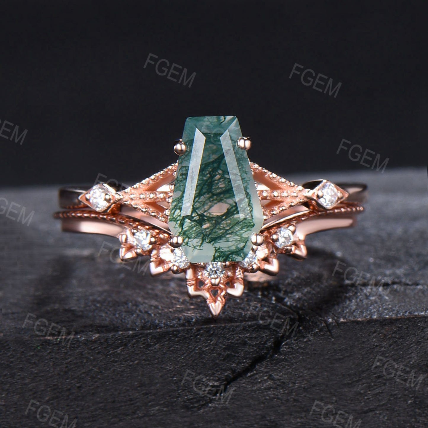 Unique Coffin Shape Natural Moss Agate Moissanite Engagement Ring Set