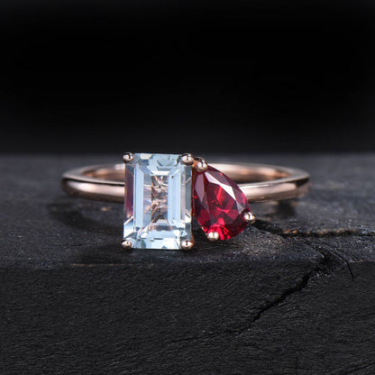 Toi Et Moi Ring,Pear and Emerald Cut Natural Aquamarine Ruby Ring,Two Stone Engagement Ring , 14k Solid Gold Aquamarine Wedding Promise Ring