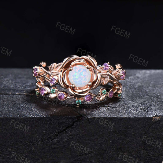 Round White Opal Wedding Ring Set Floral Engagement Ring Nature Inspired Leaf Vine Opal Jewelry Rose Flower Emerald Amethyst Promise Rings