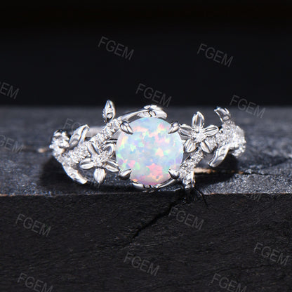 White Opal Engagement Ring Set 6.5mm Round Cut White Opal Floral Branch Wedding Ring Nature Inspired Bridal Ring October Birthstone Gift