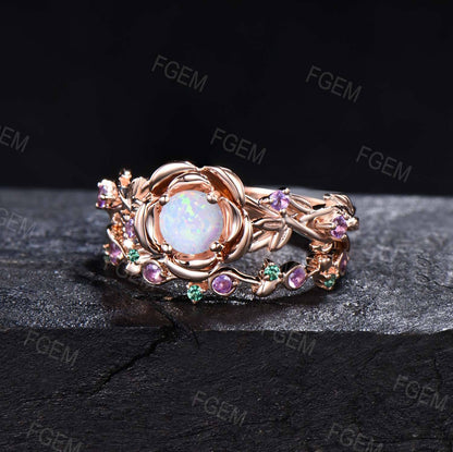 Round White Opal Wedding Ring Set Floral Engagement Ring Nature Inspired Leaf Vine Opal Jewelry Rose Flower Emerald Amethyst Promise Rings