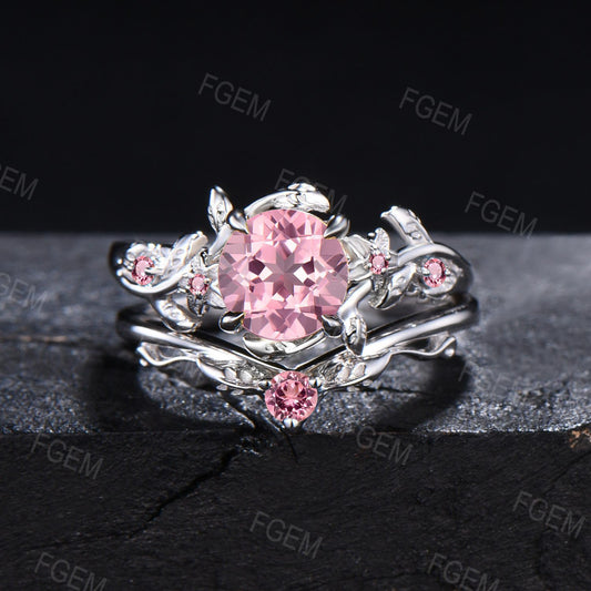 Vintage Round Padparadscha Sapphire Bridal Ring Nature Inspired Floral Engagement Ring 14k Gold Pink Sapphire Ring Leaf Pink Tourmaline Ring