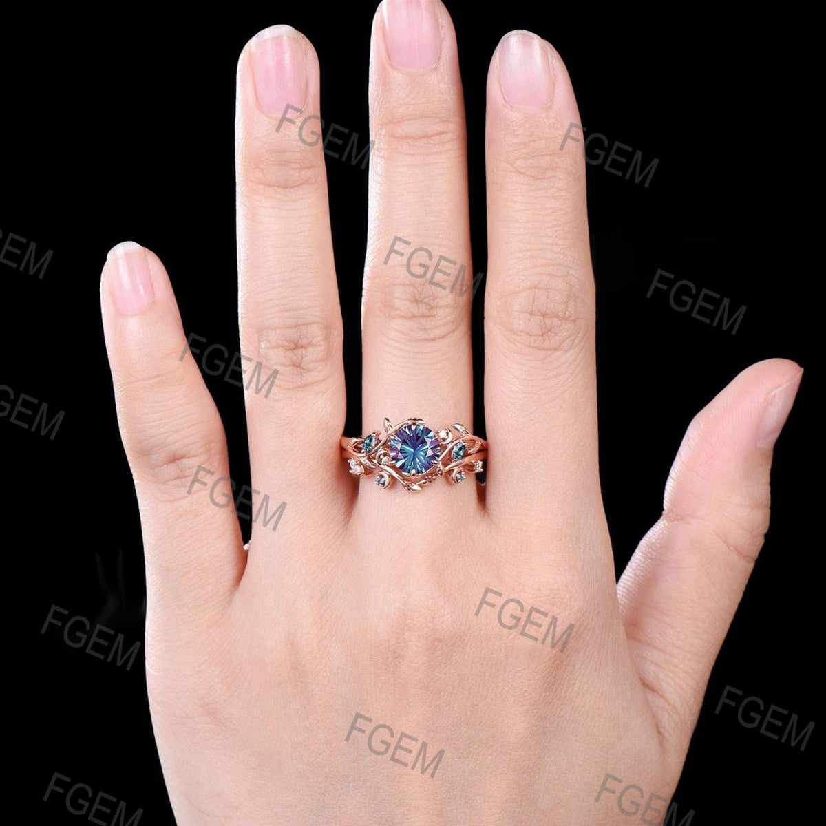 Round Fireworks Cut Alexandrite Engagement Ring Set Unique Leaf Nature Inspired Moon Ring 14k White Gold 2pcs Bridal Ring Set Art Deco Ring