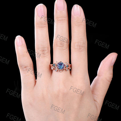 Round Fireworks Cut Alexandrite Engagement Ring Set Unique Leaf Nature Inspired Moon Ring 14k White Gold 2pcs Bridal Ring Set Art Deco Ring