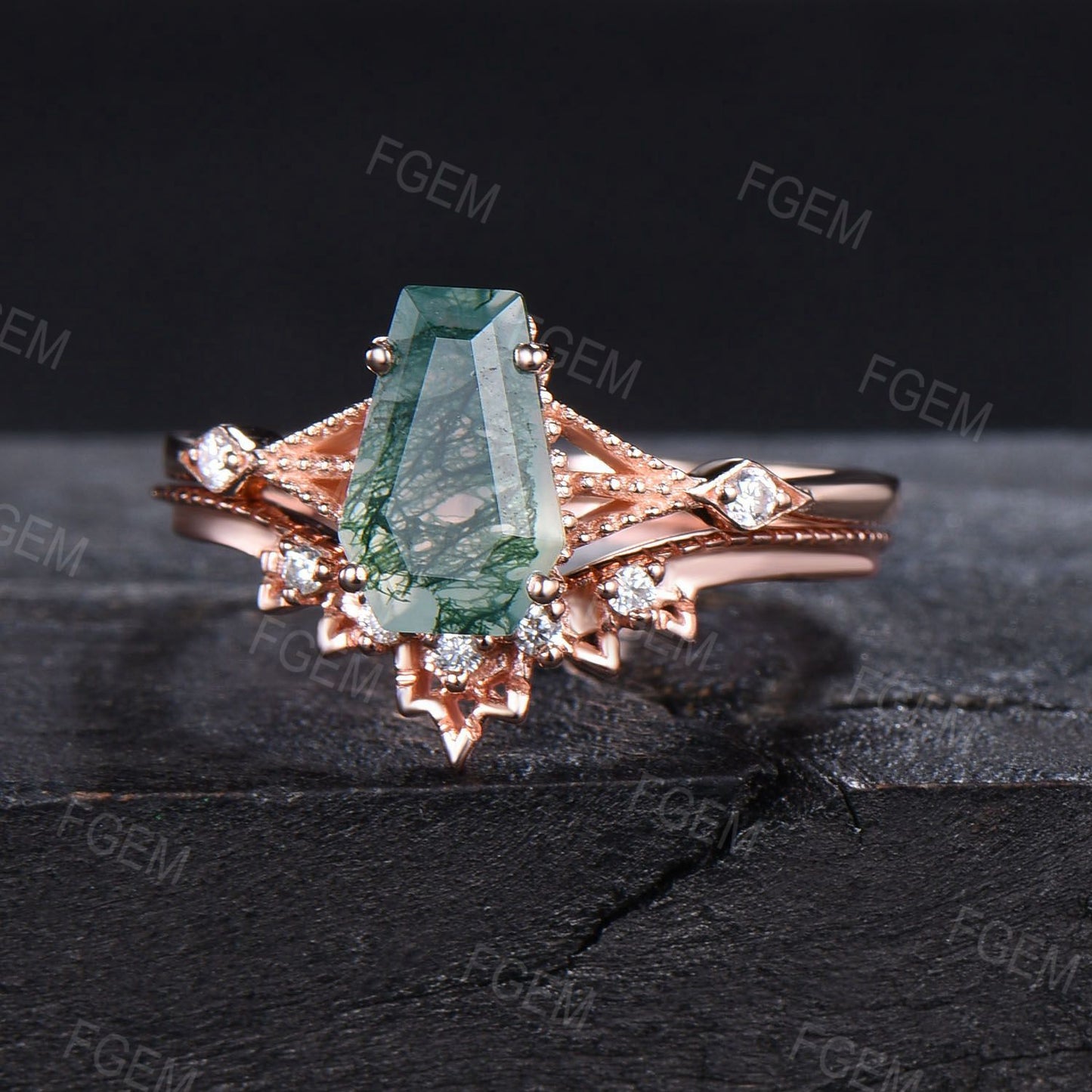 Unique Coffin Shape Natural Moss Agate Moissanite Engagement Ring Set