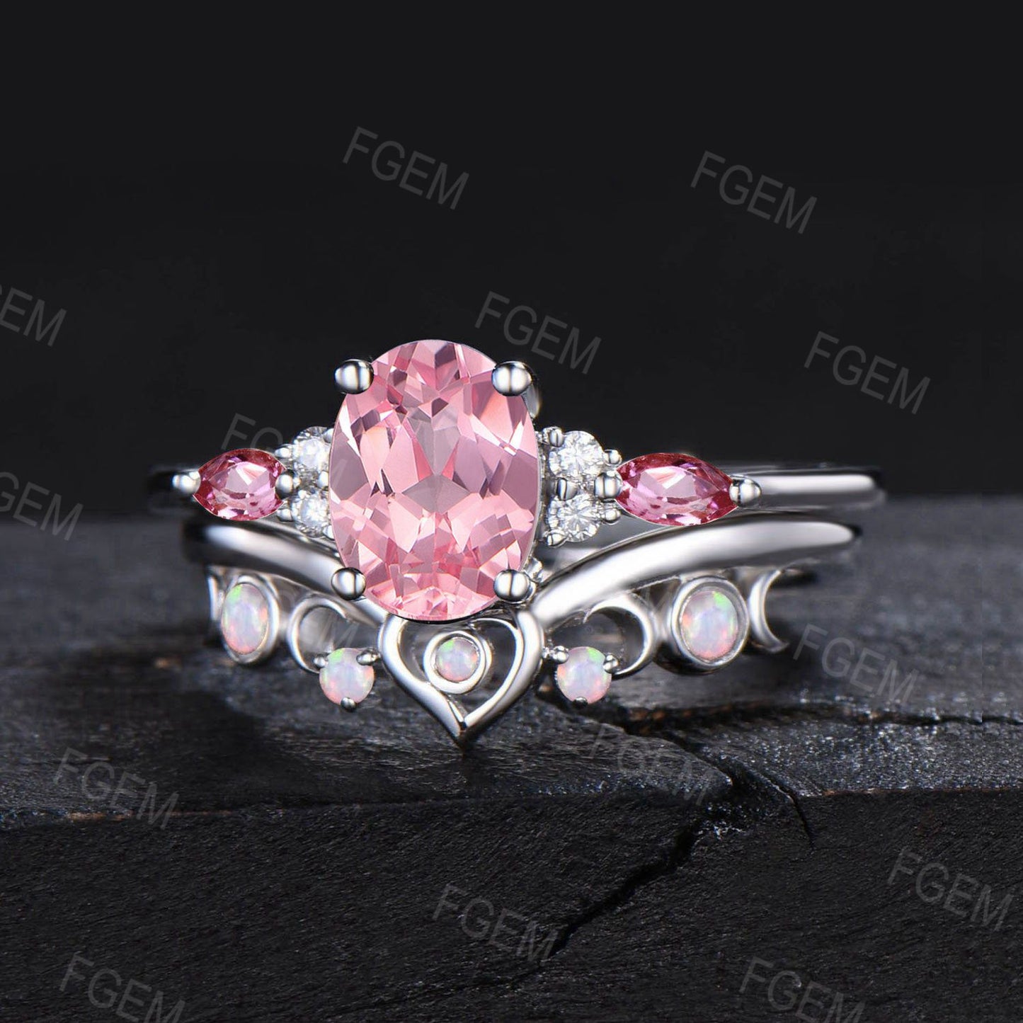 Vintage Oval Pink Sapphire Engagement Ring Set Padparadscha Sapphire Cluster Promise Ring Heart Design Opal Wedding Ring Celestial Moon Ring