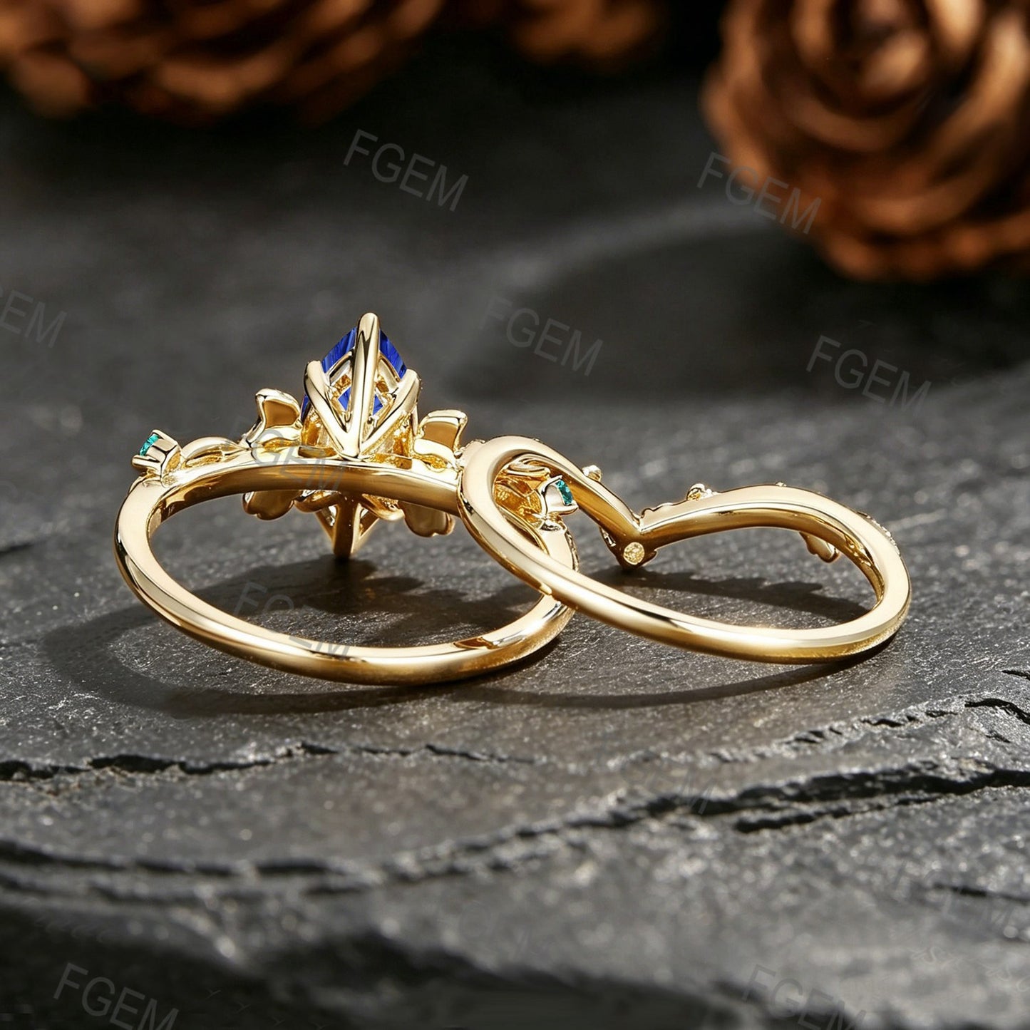 1CT Marquise Fantasy Cut Blue Sapphire Engagement Ring Set Ginkgo Leaf Promise Ring Ruby Emerald Accent Wedding Band