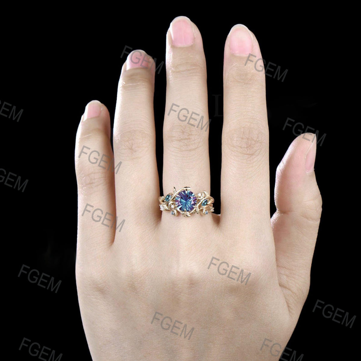 Round Fireworks Cut Alexandrite Engagement Ring Set Unique Leaf Nature Inspired Moon Ring 14k White Gold 2pcs Bridal Ring Set Art Deco Ring