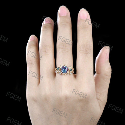 Round Fireworks Cut Alexandrite Engagement Ring Set Unique Leaf Nature Inspired Moon Ring 14k White Gold 2pcs Bridal Ring Set Art Deco Ring