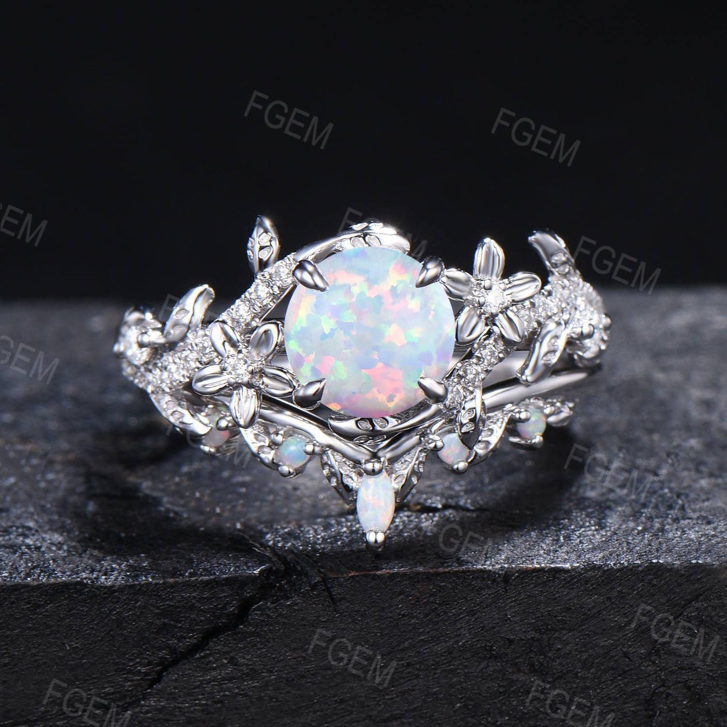 White Opal Engagement Ring Set 6.5mm Round Cut White Opal Floral Branch Wedding Ring Nature Inspired Bridal Ring October Birthstone Gift