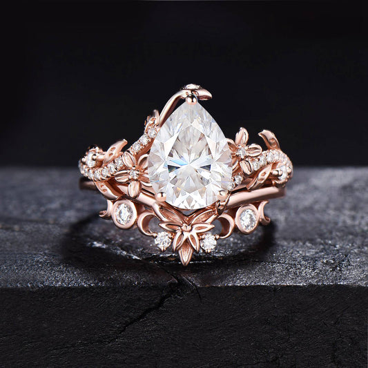 1.25ct Pear Moissanite Engagement Ring Set Rose Gold Leaf Moissanite Bridal Set Vintage Flower Pave Wedding Ring Proposal Gift For Fiancee