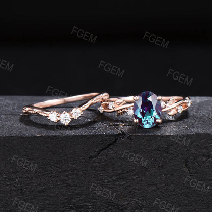 Nature Inspired 1.5ct Oval Alexandrite Engagement Ring Set 14k Rose Gold Leaf Band Moissanite Bridal Set June Birthstone Jewelry Ring Gift