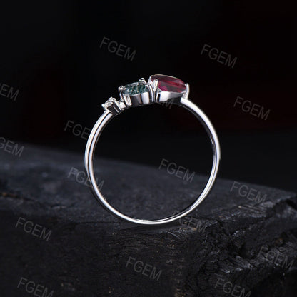 Unique Moss Agate Ruby Engagement Ring Dainty Round Red Ruby Ring Marquise Moss Ring July Birthstone Minimalist Wedding Ring Birthday Gifts