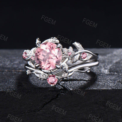 Vintage Round Padparadscha Sapphire Bridal Ring Nature Inspired Floral Engagement Ring 14k Gold Pink Sapphire Ring Leaf Pink Tourmaline Ring