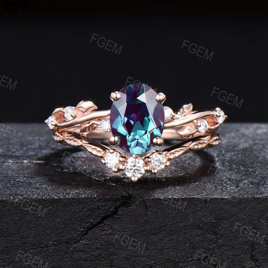 Nature Inspired 1.5ct Oval Alexandrite Engagement Ring Set 14k Rose Gold Leaf Band Moissanite Bridal Set June Birthstone Jewelry Ring Gift