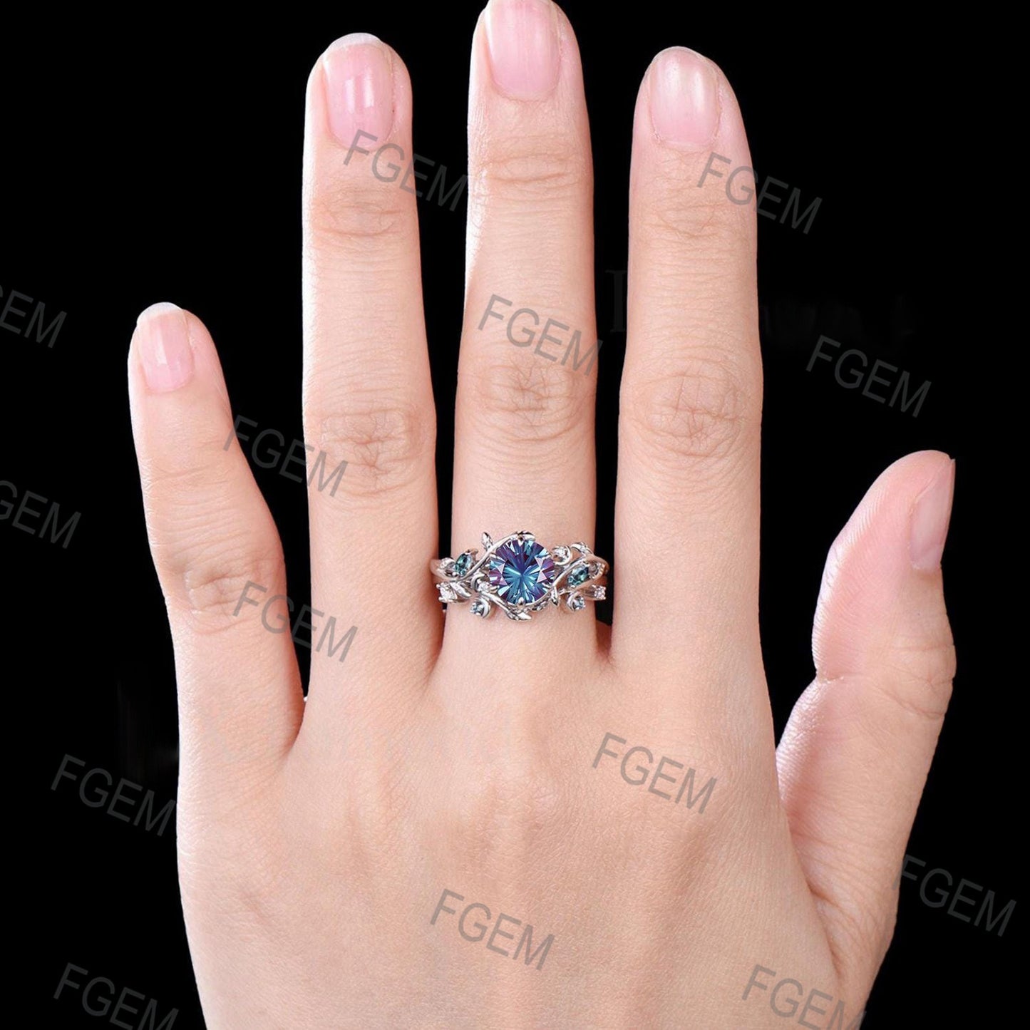 Round Fireworks Cut Alexandrite Engagement Ring Set Unique Leaf Nature Inspired Moon Ring 14k White Gold 2pcs Bridal Ring Set Art Deco Ring
