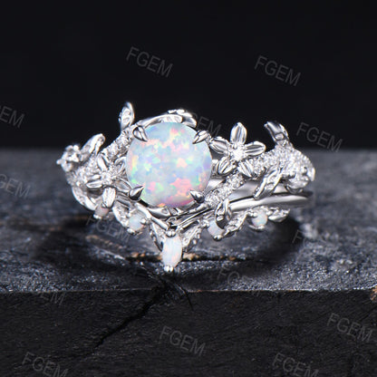 White Opal Engagement Ring Set 6.5mm Round Cut White Opal Floral Branch Wedding Ring Nature Inspired Bridal Ring October Birthstone Gift