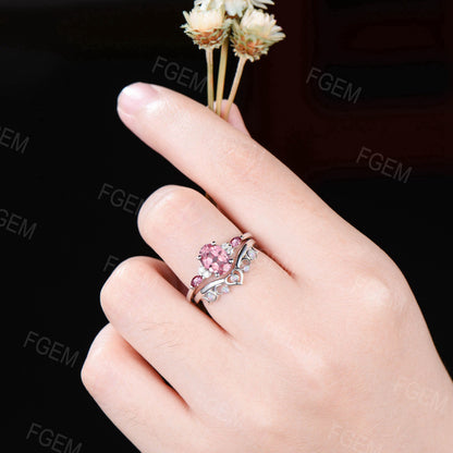 Vintage Oval Pink Sapphire Engagement Ring Set Padparadscha Sapphire Cluster Promise Ring Heart Design Opal Wedding Ring Celestial Moon Ring