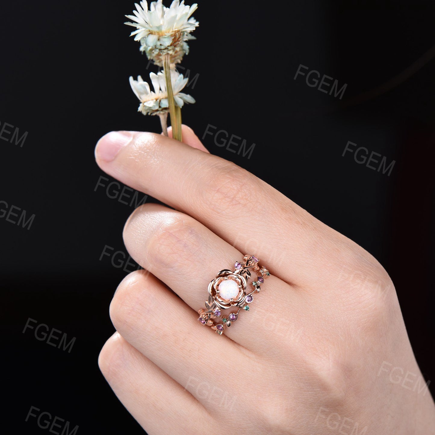 Round White Opal Wedding Ring Set Floral Engagement Ring Nature Inspired Leaf Vine Opal Jewelry Rose Flower Emerald Amethyst Promise Rings