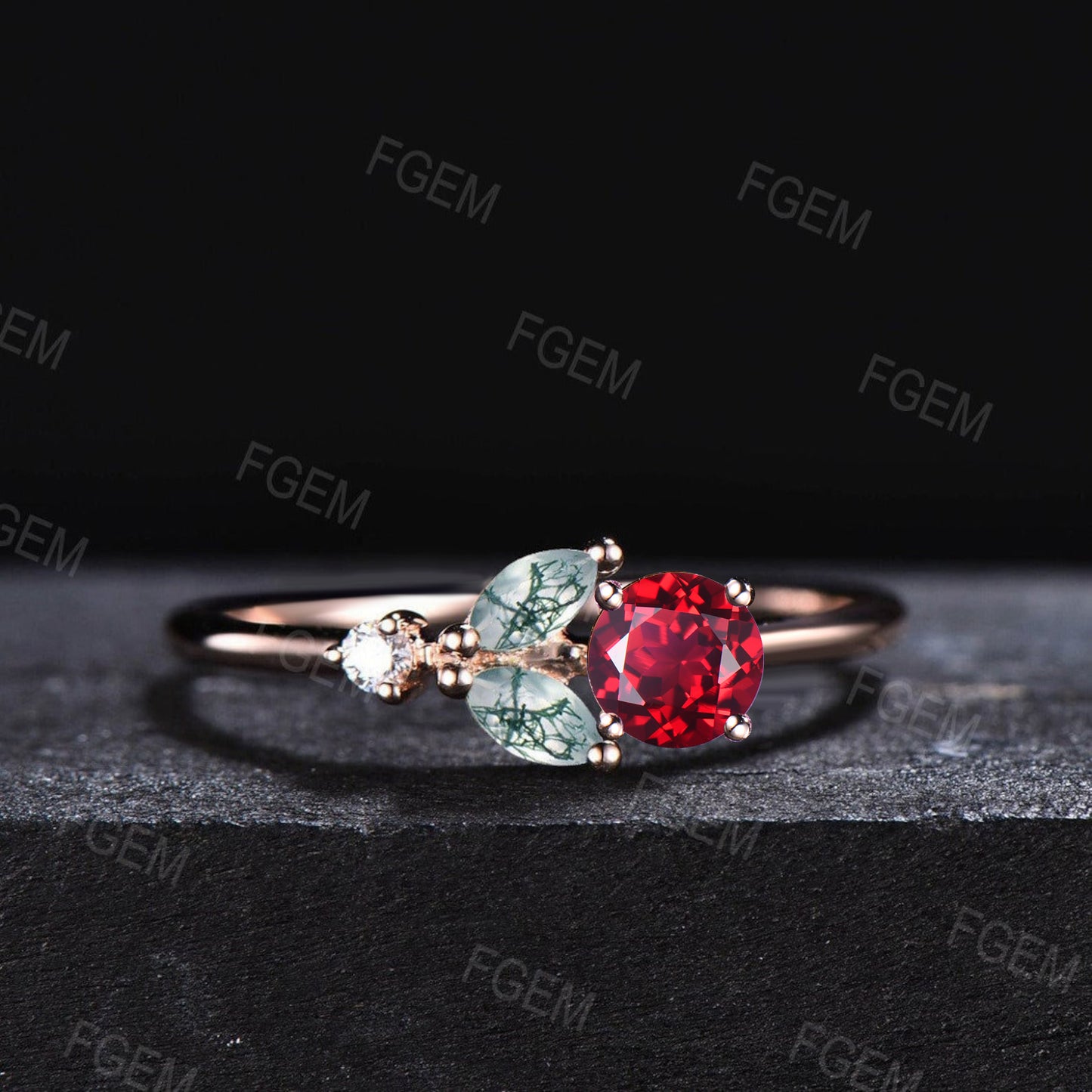 Unique Moss Agate Ruby Engagement Ring Dainty Round Red Ruby Ring Marquise Moss Ring July Birthstone Minimalist Wedding Ring Birthday Gifts