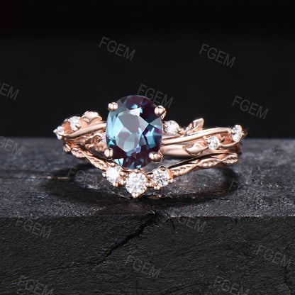 Nature Inspired 1.5ct Oval Alexandrite Engagement Ring Set 14k Rose Gold Leaf Band Moissanite Bridal Set June Birthstone Jewelry Ring Gift