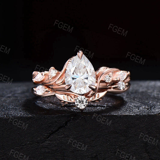 Nature Inspired Teardrop Moissanite Engagement Ring 14k Rose Gold Branch Vine Moissanite Diamond Bridal Set Leaf Ring Anniversary Women Gift