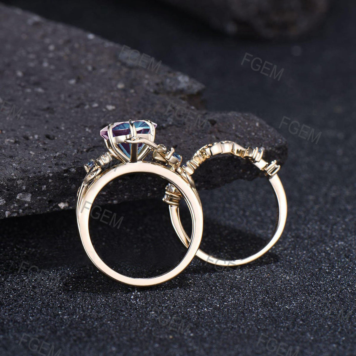 Round Fireworks Cut Alexandrite Engagement Ring Set Unique Leaf Nature Inspired Moon Ring 14k White Gold 2pcs Bridal Ring Set Art Deco Ring