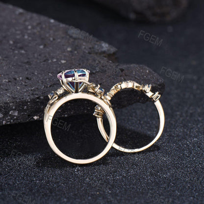 Round Fireworks Cut Alexandrite Engagement Ring Set Unique Leaf Nature Inspired Moon Ring 14k White Gold 2pcs Bridal Ring Set Art Deco Ring