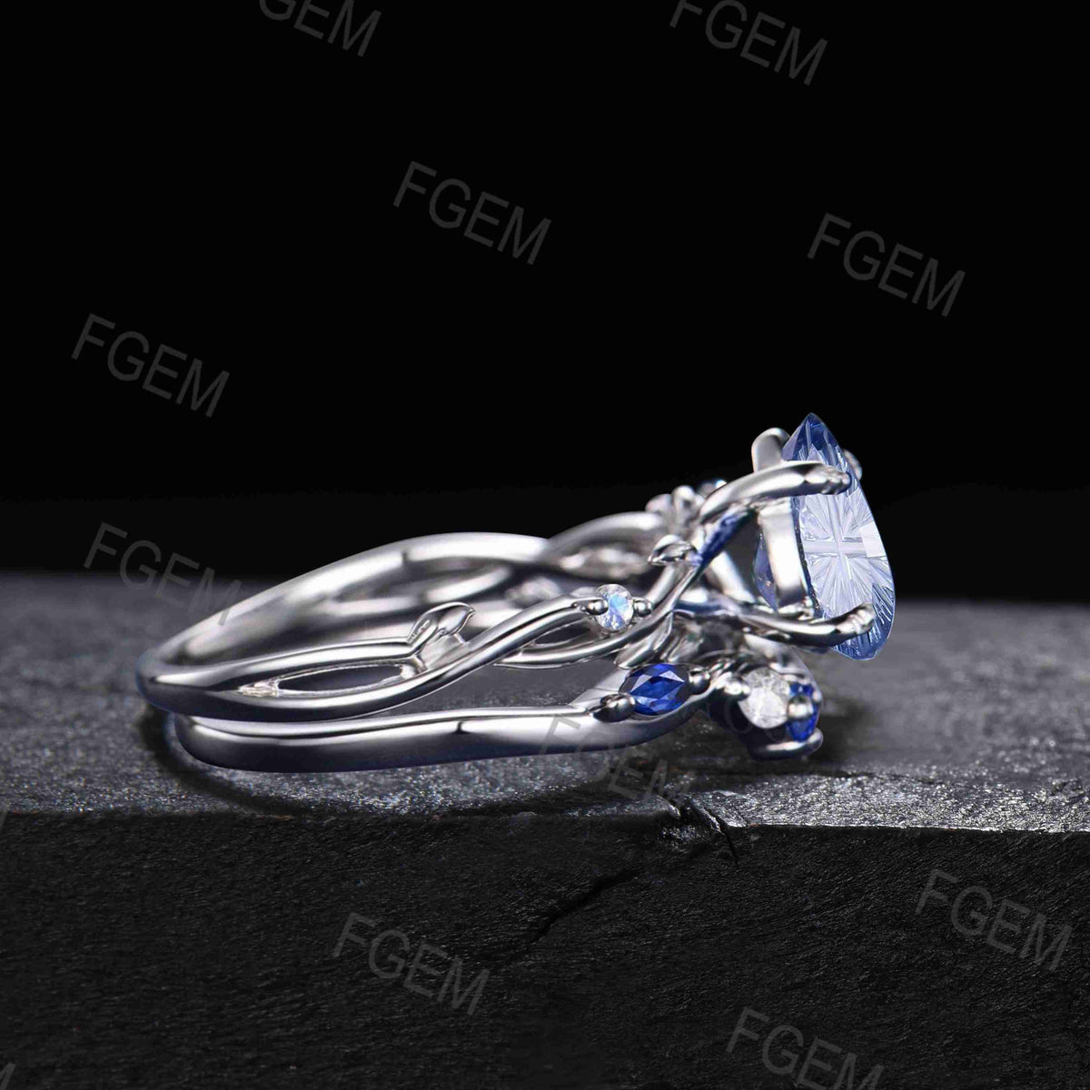 1.25CT Pear Cut Cornflower Blue Sapphire Engagement Ring Set White Gold Twig Vine Moonstone Sapphire Wedding Ring Fantasy Cut Bridal Ring