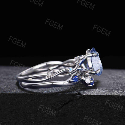 1.25CT Pear Cut Cornflower Blue Sapphire Engagement Ring Set White Gold Twig Vine Moonstone Sapphire Wedding Ring Fantasy Cut Bridal Ring