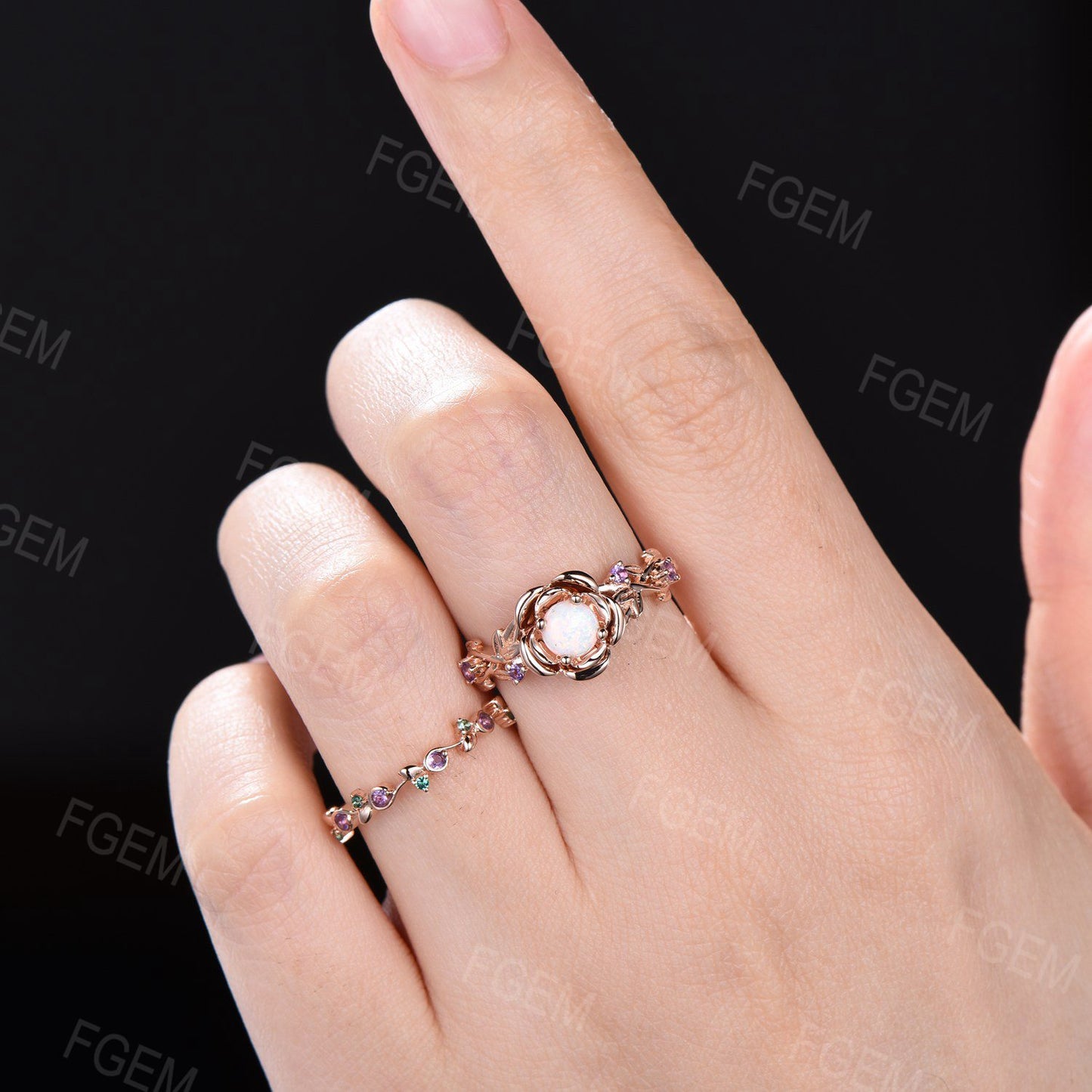 Round White Opal Wedding Ring Set Floral Engagement Ring Nature Inspired Leaf Vine Opal Jewelry Rose Flower Emerald Amethyst Promise Rings