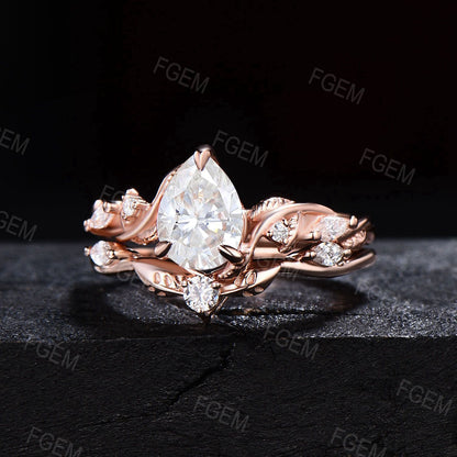 Nature Inspired Teardrop Moissanite Engagement Ring 14k Rose Gold Branch Vine Moissanite Diamond Bridal Set Leaf Ring Anniversary Women Gift